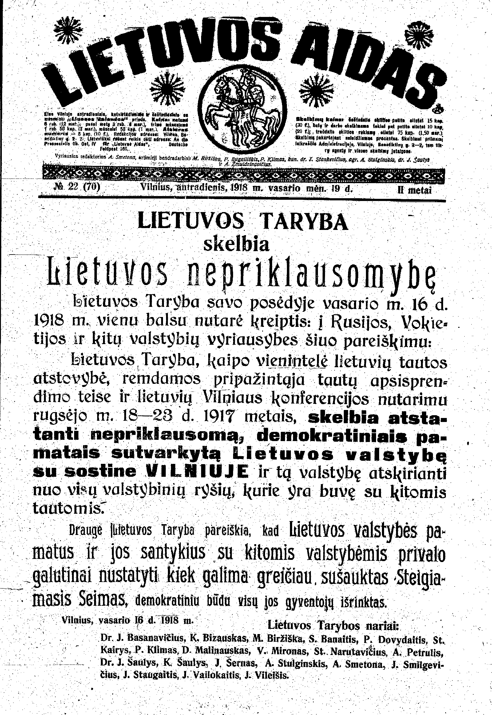 1918 met vasario #19 d. 'Lietuvos aido' faksimil